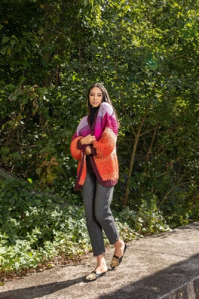 Rainbow Hand Knitted Long Cardigan - Red/Purple Combo