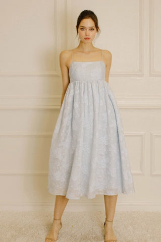 Embossed Roses Baby Blue Strappy Dress