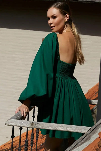 Chloe Empire Waist Linen Mini Dress - Deep Green
