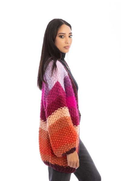 Rainbow Hand Knitted Long Cardigan - Red/Purple Combo
