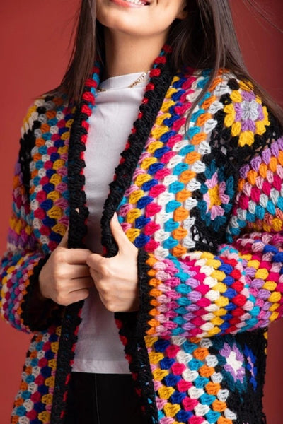 Granny Square Crochet Long Cardigan - Black