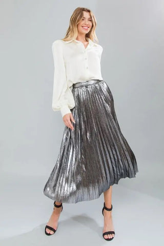 Nicolette Metallic Pleated Midi Skirt - Silver - FINAL SALE