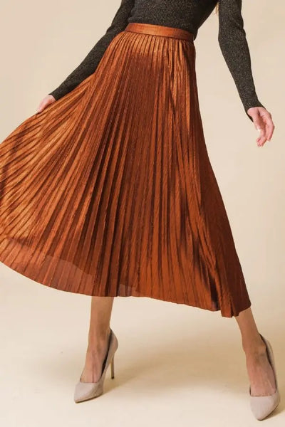 Nicolette Metallic Pleated Midi Skirt - Rust