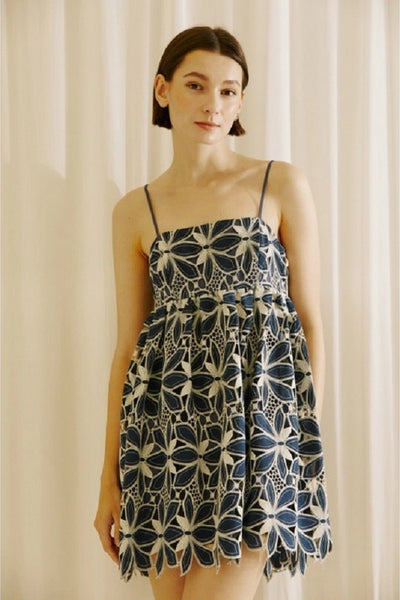 Cutwork Lace Navy and Ivory Floral Mini Dress