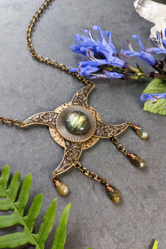Triple Moon Goddess Necklace with Rose and Black Cubic Zirconia Stones —  evenfall jewelry - celestial jewelry for everyday wear