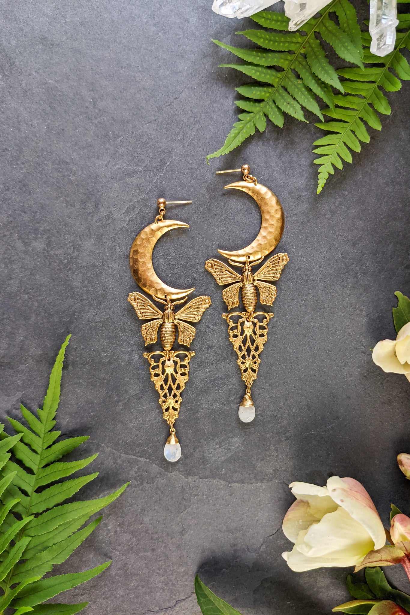 Moth and Moon Mystic Earrings - Moonstone - FINAL SALE