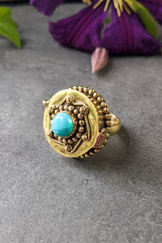 Round Turquoise and Brass Poison Ring