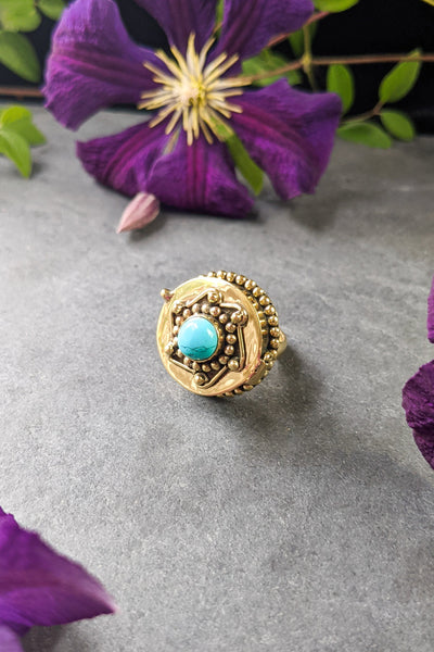 Round Turquoise and Brass Poison Ring - FINAL SALE