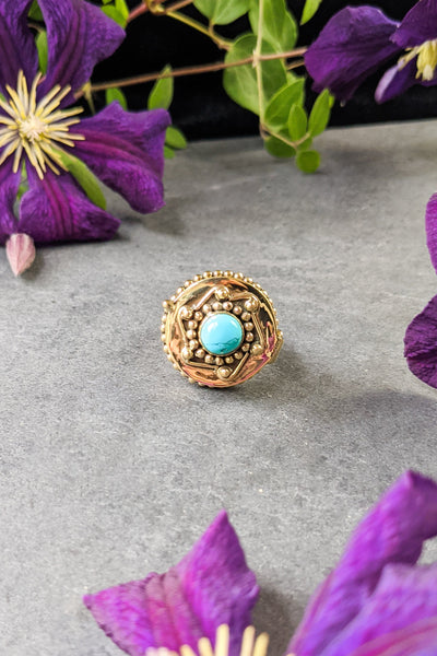 Round Turquoise and Brass Poison Ring