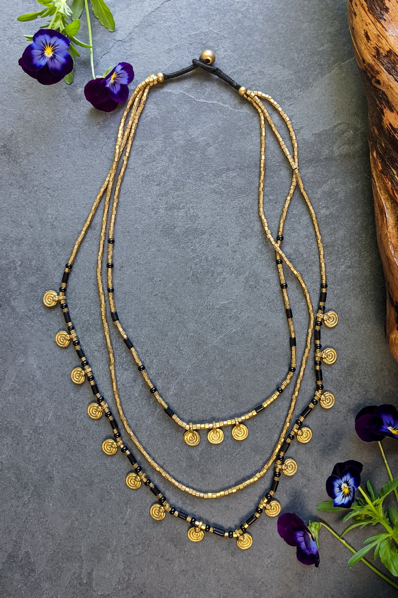 Multi-Strand Brass Beaded Charm Necklace