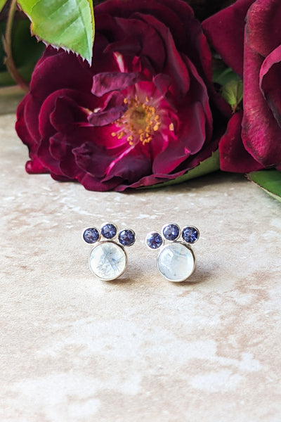 Rainbow Moonstone and Iolite Sterling Silver Fan Studs