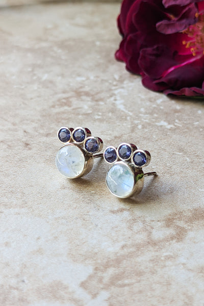 Rainbow Moonstone and Iolite Sterling Silver Fan Studs - FINAL SALE