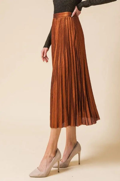 Nicolette Metallic Pleated Midi Skirt - Rust