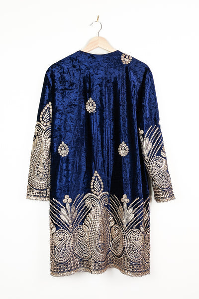Pre-Loved Nyves Embroidered Velvet Long Jacket - Navy Blue - FINAL SALE