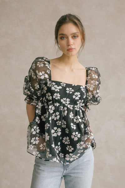 Black and White Floral Baby Doll Blouse - FINAL SALE