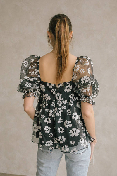 Black and White Floral Baby Doll Blouse - FINAL SALE
