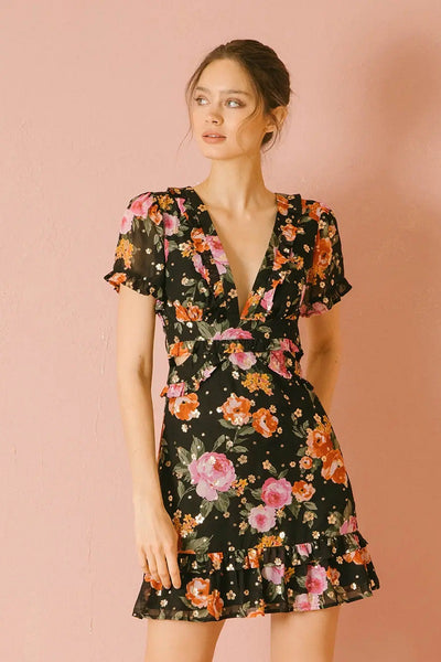 Roses and Gold Flowers Mini Dress - FINAL SALE