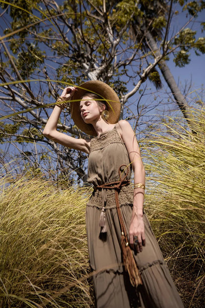 Chloe Halter Frill Maxi Dress - Desert Sand - FINAL SALE