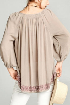 Taupe Embroidered Peasant Blouse - FINAL SALE