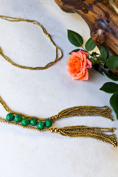 Green Agate Beaded Tassel Necklace - FINAL SALE
