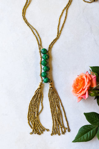 Green Agate Beaded Tassel Necklace