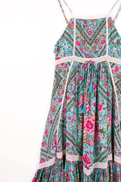 Pre-Loved Babushka Strappy Midi Dress - Turquoise