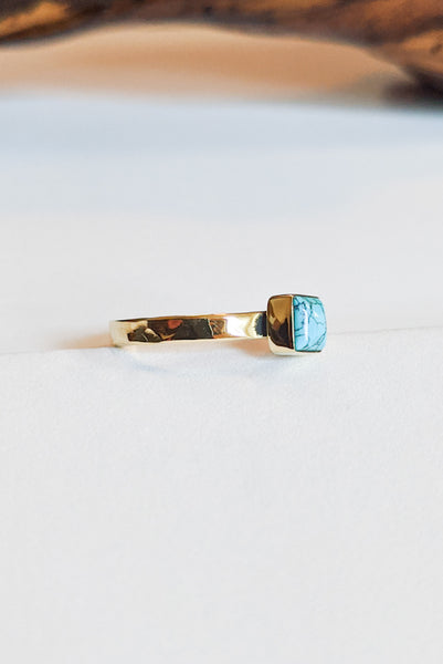 Square Turquoise Hammered Brass Stacking Ring