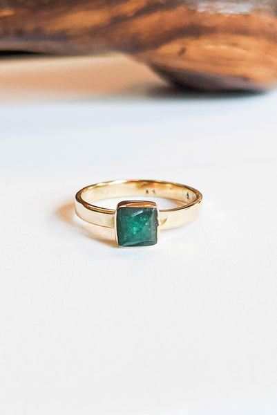 Square Emerald Hammered Brass Stacking Ring