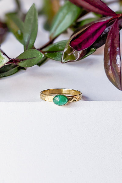 Oval Emerald Hammered Brass Stacking Ring