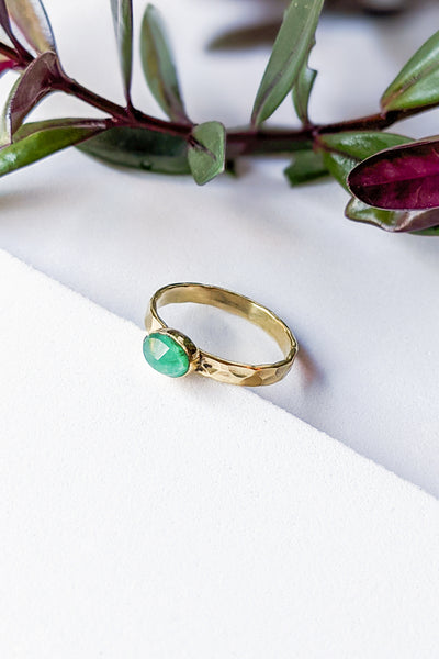 Oval Emerald Hammered Brass Stacking Ring