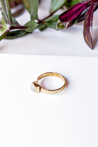 Square Moonstone Hammered Brass Stacking Ring - FINAL SALE