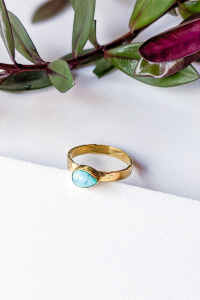 Teardrop Turquoise Hammered Brass Stacking Ring