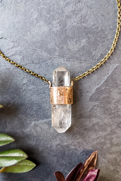 Double Point Quartz Crystal Pendant Necklace - One of a Kind #191112