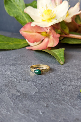 Teardrop Emerald Hammered Brass Stacking Ring
