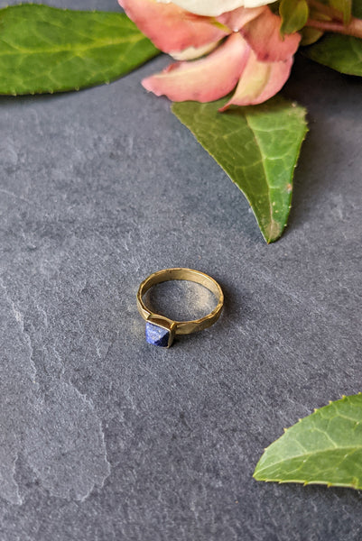 Square Lapis Hammered Brass Stacking Ring - FINAL SALE