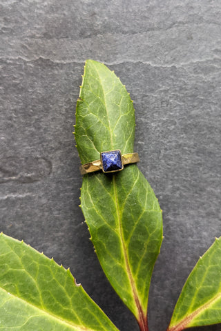Square Lapis Hammered Brass Stacking Ring - FINAL SALE