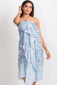 Kishori Block Print Sarong - Sky Blue and Turquoise - FINAL SALE