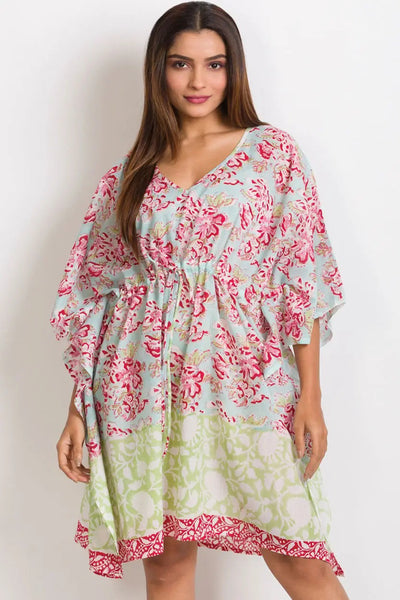 Block-Printed Cotton Caftan - Blue, Mint, and Coral - FINAL SALE